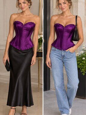 Purple Satin Ruffled Corset Set - NEW